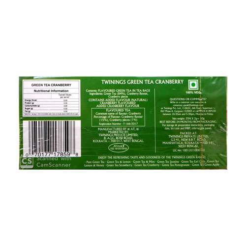 TWININGS GREEN TEA CRANBERRY 25 TEA BAGS